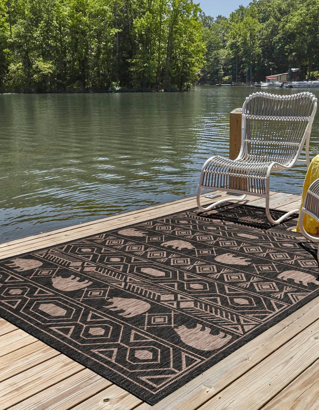 Black 9' x 12' Outdoor Southwestern Rectangle Area Rug Weather Resistant for Patio, Deck, Terrace, Balcony, Porch 100% Polypropylene Rustic Waterproof Carpet for Sale at Rug Engine