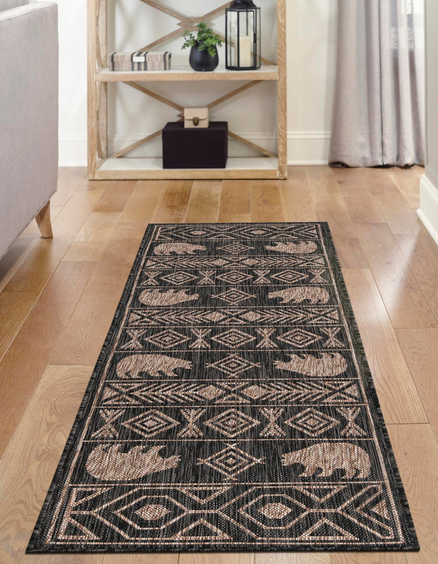 Black 2' 7 x 12' Outdoor Southwestern Runner Area Rug Weather Resistant for Patio, Deck, Terrace, Balcony, Porch 100% Polypropylene Rustic Waterproof Carpet for Sale at Rug Engine