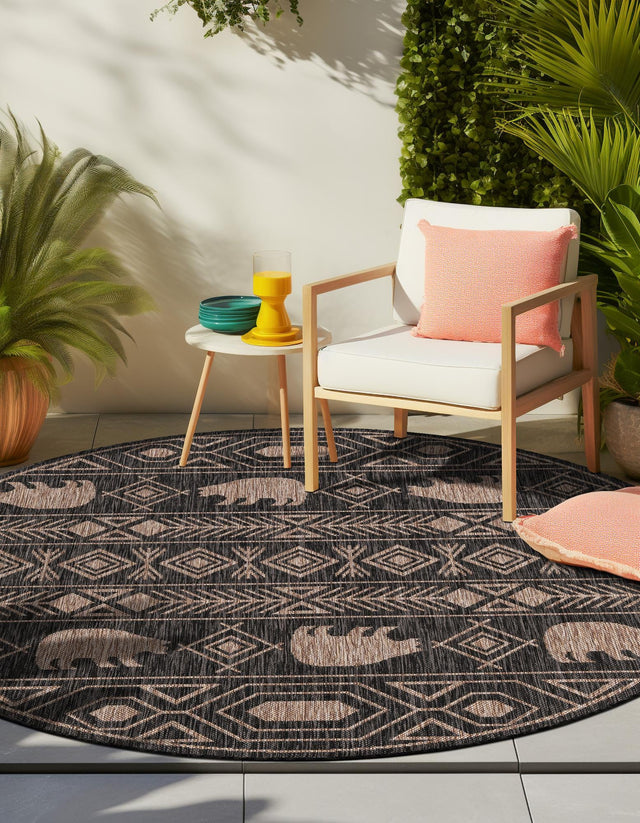 Black 3' 1 x 3' 1 Outdoor Southwestern Round Area Rug Weather Resistant for Patio, Deck, Terrace, Balcony, Porch 100% Polypropylene Rustic Waterproof Carpet for Sale at Rug Engine