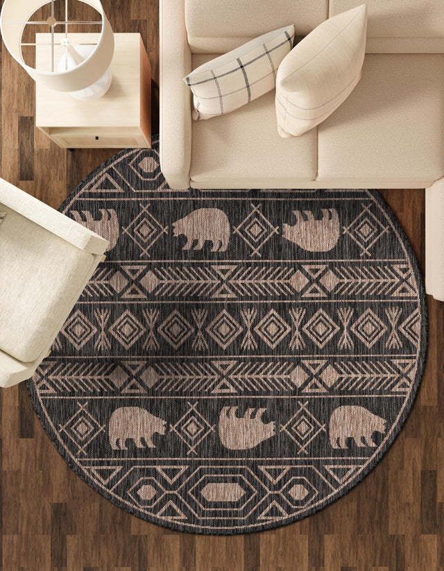 Black 7' 10 x 7' 10 Outdoor Southwestern Round Area Rug Weather Resistant for Patio, Deck, Terrace, Balcony, Porch 100% Polypropylene Rustic Waterproof Carpet for Sale at Rug Engine