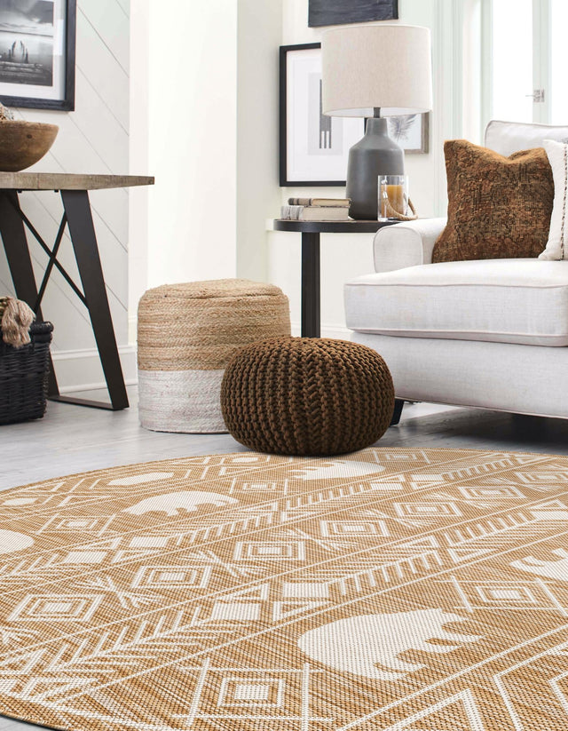 Taupe 3' 1 x 3' 1 Outdoor Southwestern Round Area Rug Weather Resistant for Patio, Deck, Terrace, Balcony, Porch 100% Polypropylene Rustic Waterproof Carpet for Sale at Rug Engine