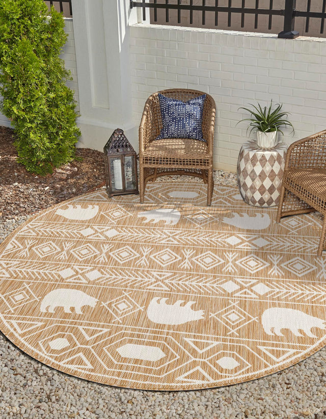 Taupe 3' 1 x 3' 1 Outdoor Southwestern Round Area Rug Weather Resistant for Patio, Deck, Terrace, Balcony, Porch 100% Polypropylene Rustic Waterproof Carpet for Sale at Rug Engine