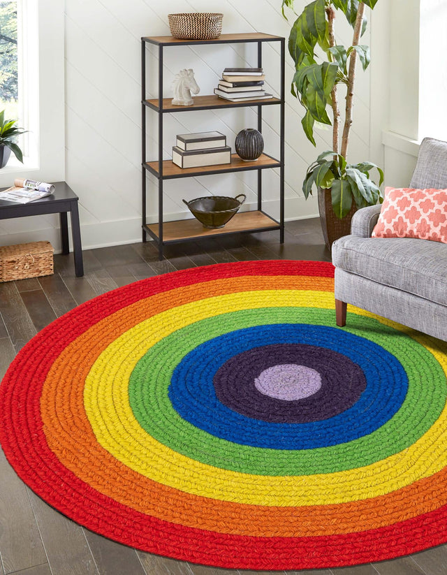 Multicolor 5' 1 x 5' 1 Hand Braided Rainbow Wool Round Area Rug 100% Natural Wool Colorful Vivid Handmade Carpet for Modern Interior Design for Sale at Rug Engine