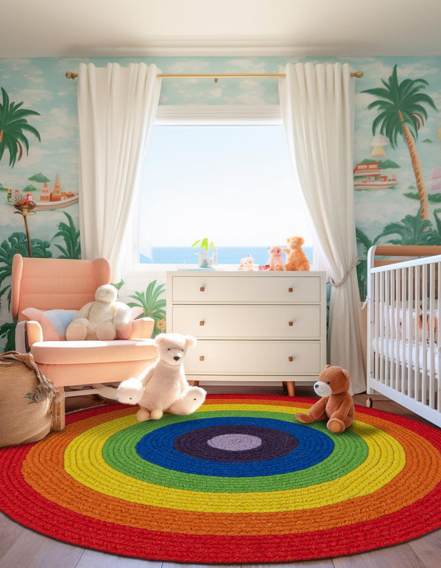 Multicolor 5' 1 x 5' 1 Hand Braided Rainbow Wool Round Area Rug 100% Natural Wool Colorful Vivid Handmade Carpet for Modern Interior Design for Sale at Rug Engine