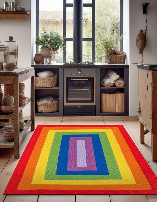 Multicolor 6' 1 x 9' Hand Braided Rainbow Wool Rectangle Area Rug 100% Natural Wool Colorful Vivid Handmade Carpet for Modern Interior Design for Sale at Rug Engine