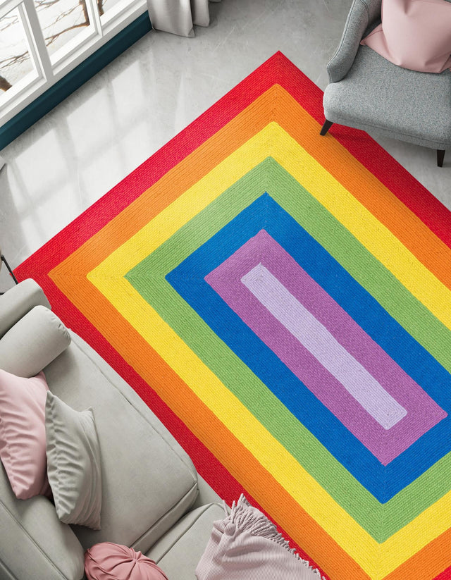 Multicolor 4' 1 x 6' 1 Hand Braided Rainbow Wool Rectangle Area Rug 100% Natural Wool Colorful Vivid Handmade Carpet for Modern Interior Design for Sale at Rug Engine