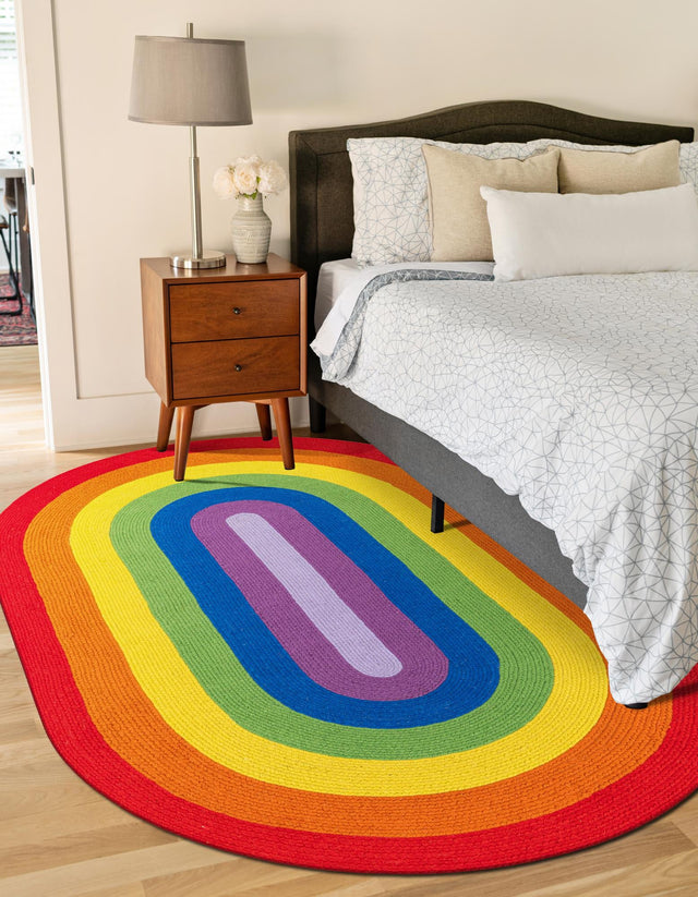 Multicolor 4' 1 x 6' 1 Hand Braided Rainbow Wool Oval Area Rug 100% Natural Wool Colorful Vivid Handmade Carpet for Modern Interior Design for Sale at Rug Engine