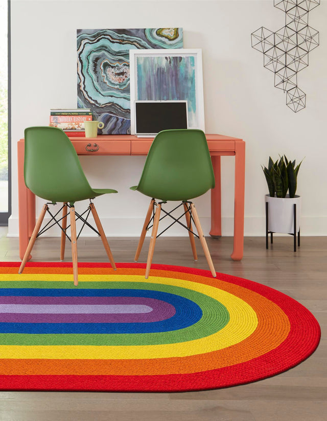 Multicolor 5' 1 x 8' Hand Braided Rainbow Wool Oval Area Rug 100% Natural Wool Colorful Vivid Handmade Carpet for Modern Interior Design for Sale at Rug Engine