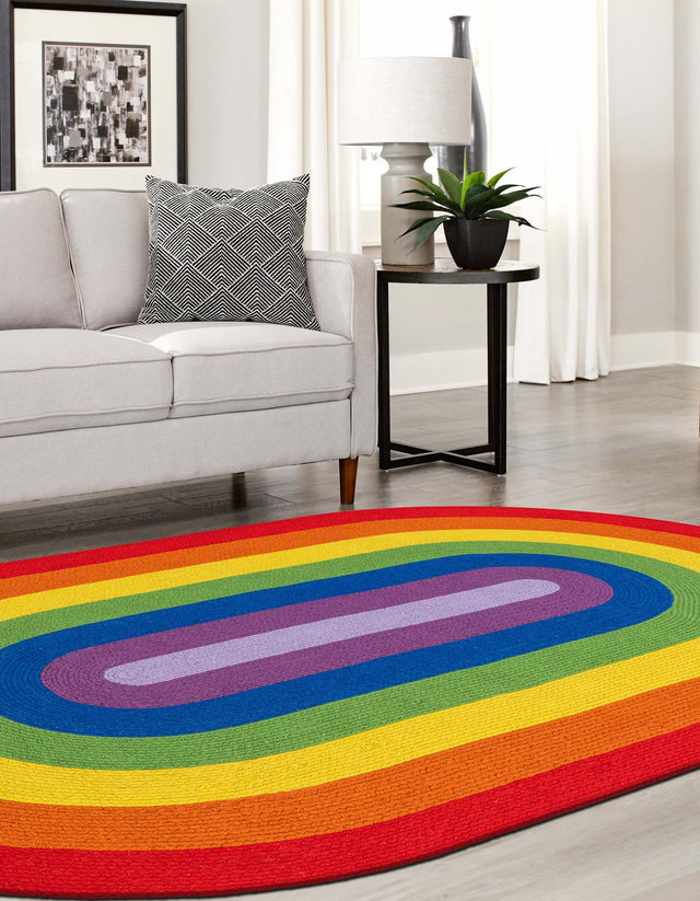 Multicolor 5' 1 x 8' Hand Braided Rainbow Wool Oval Area Rug 100% Natural Wool Colorful Vivid Handmade Carpet for Modern Interior Design for Sale at Rug Engine