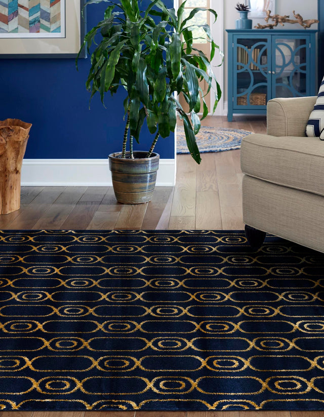 Navy Blue and Gold 9' x 12' Vogue Geo Rectangle Area Rug Geometric Glam Style Shiny Accents Carpet Mat for Unique Interior Design & Home Decor for Sale at Rug Engine