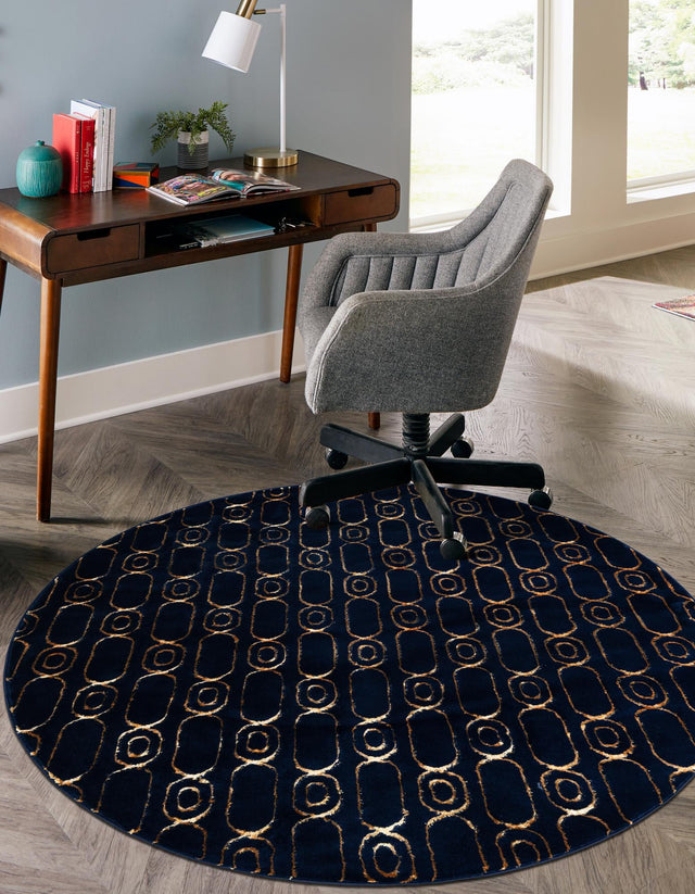 Navy Blue and Gold 3' 1 x 3' 1 Vogue Geo Round Area Rug Geometric Glam Style Shiny Accents Carpet Mat for Unique Interior Design & Home Decor for Sale at Rug Engine