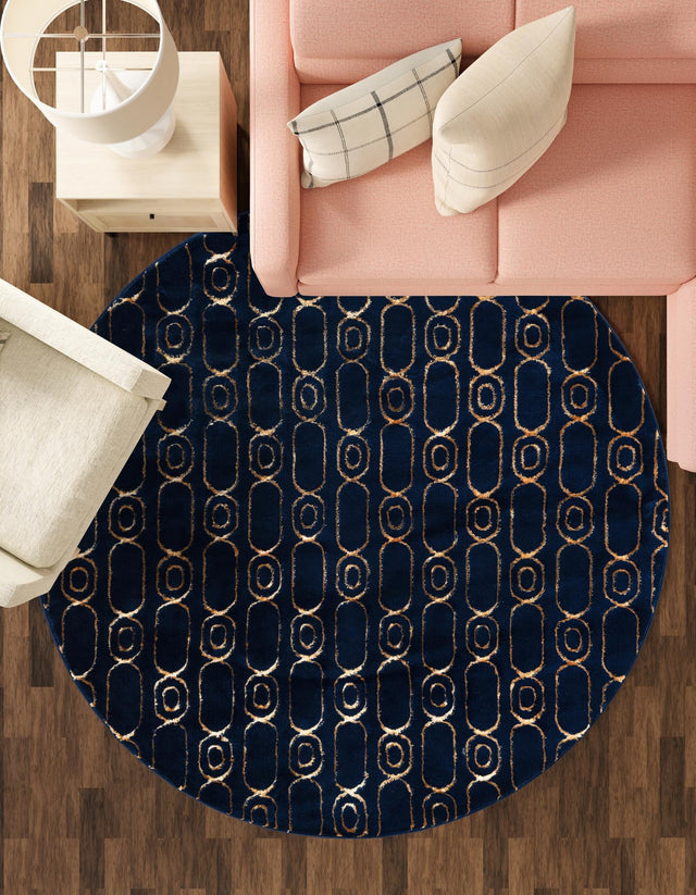 Navy Blue and Gold 10' x 10' Vogue Geo Round Area Rug Geometric Glam Style Shiny Accents Carpet Mat for Unique Interior Design & Home Decor for Sale at Rug Engine