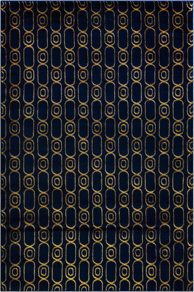 Navy Blue and Gold 6' 1 x 9' Vogue Geo Rectangle Area Rug Geometric Glam Style Shiny Accents Carpet Mat for Unique Interior Design & Home Decor for Sale at Rug Engine