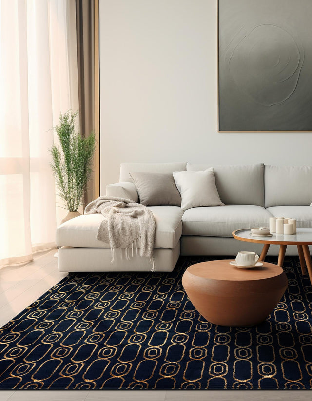 Navy Blue and Gold 7' 10 x 7' 10 Vogue Geo Square Area Rug Geometric Glam Style Shiny Accents Carpet Mat for Unique Interior Design & Home Decor for Sale at Rug Engine