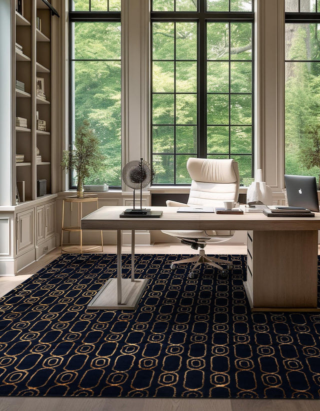Navy Blue and Gold 7' 10 x 7' 10 Vogue Geo Square Area Rug Geometric Glam Style Shiny Accents Carpet Mat for Unique Interior Design & Home Decor for Sale at Rug Engine