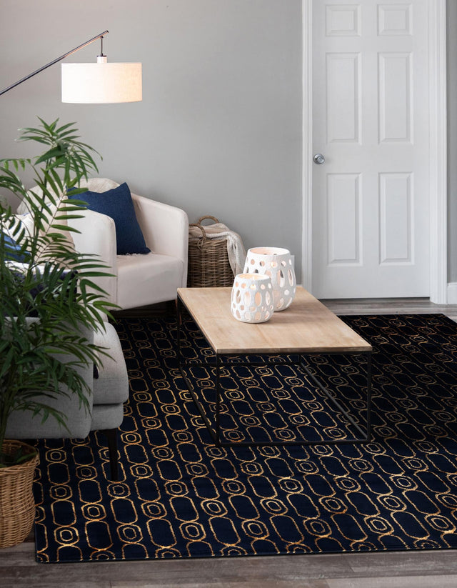 Navy Blue and Gold 7' 10 x 7' 10 Vogue Geo Square Area Rug Geometric Glam Style Shiny Accents Carpet Mat for Unique Interior Design & Home Decor for Sale at Rug Engine
