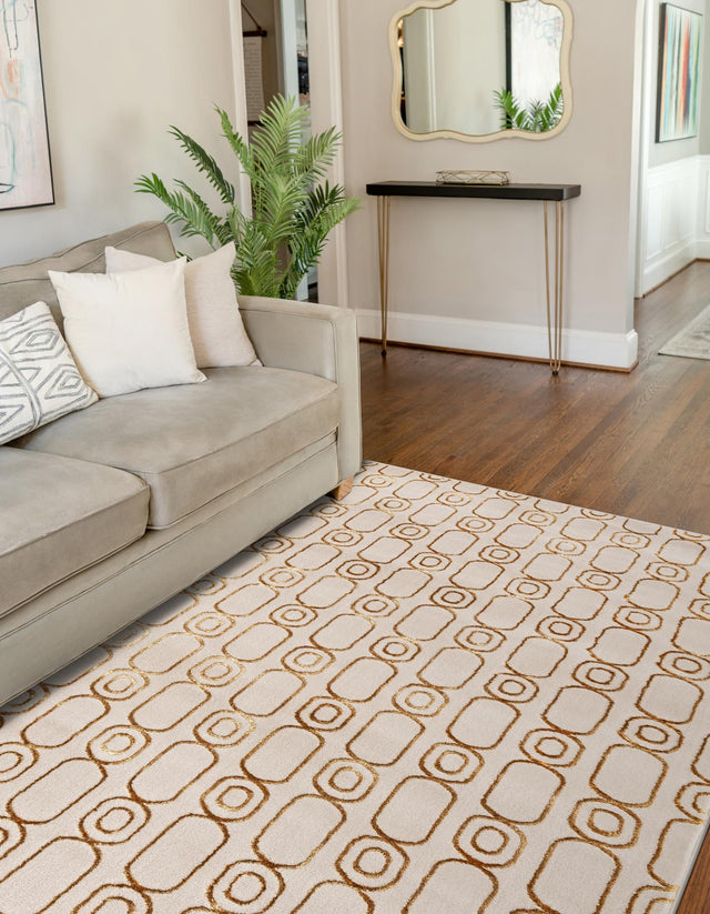 White and Gold 4' 1 x 6' 1 Vogue Geo Rectangle Area Rug Geometric Glam Style Shiny Accents Carpet Mat for Unique Interior Design & Home Decor for Sale at Rug Engine