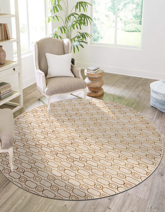 White and Gold 7' 10 x 7' 10 Vogue Geo Round Area Rug Geometric Glam Style Shiny Accents Carpet Mat for Unique Interior Design & Home Decor for Sale at Rug Engine