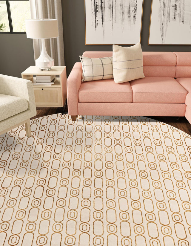 White and Gold 7' 10 x 7' 10 Vogue Geo Round Area Rug Geometric Glam Style Shiny Accents Carpet Mat for Unique Interior Design & Home Decor for Sale at Rug Engine