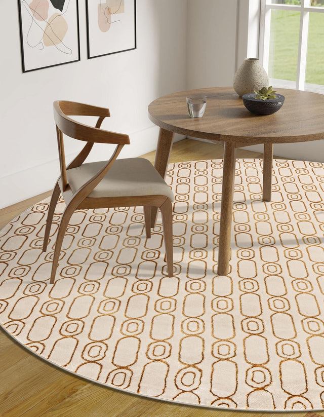White and Gold 7' 10 x 7' 10 Vogue Geo Round Area Rug Geometric Glam Style Shiny Accents Carpet Mat for Unique Interior Design & Home Decor for Sale at Rug Engine