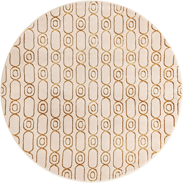 White and Gold 6' 1 x 6' 1 Vogue Geo Round Area Rug Geometric Glam Style Shiny Accents Carpet Mat for Unique Interior Design & Home Decor for Sale at Rug Engine