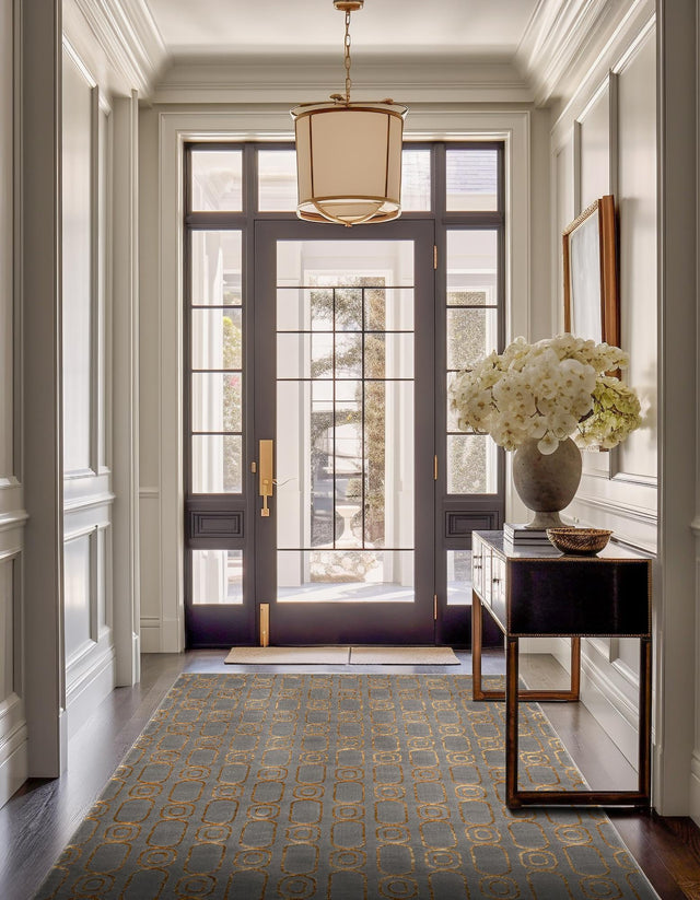 Gray and Gold 4' 1 x 6' 1 Vogue Geo Rectangle Area Rug Geometric Glam Style Shiny Accents Carpet Mat for Unique Interior Design & Home Decor for Sale at Rug Engine