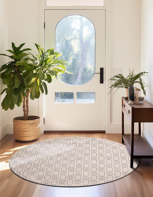 White and Silver 3' 1 x 3' 1 Vogue Geo Round Area Rug Geometric Glam Style Shiny Accents Carpet Mat for Unique Interior Design & Home Decor for Sale at Rug Engine