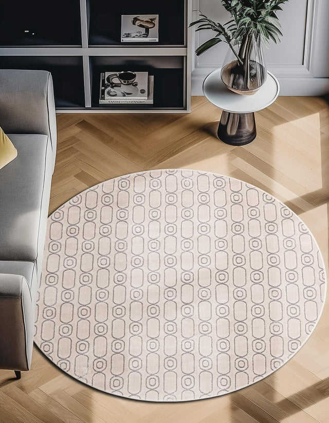 White and Silver 7' 10 x 7' 10 Vogue Geo Round Area Rug Geometric Glam Style Shiny Accents Carpet Mat for Unique Interior Design & Home Decor for Sale at Rug Engine