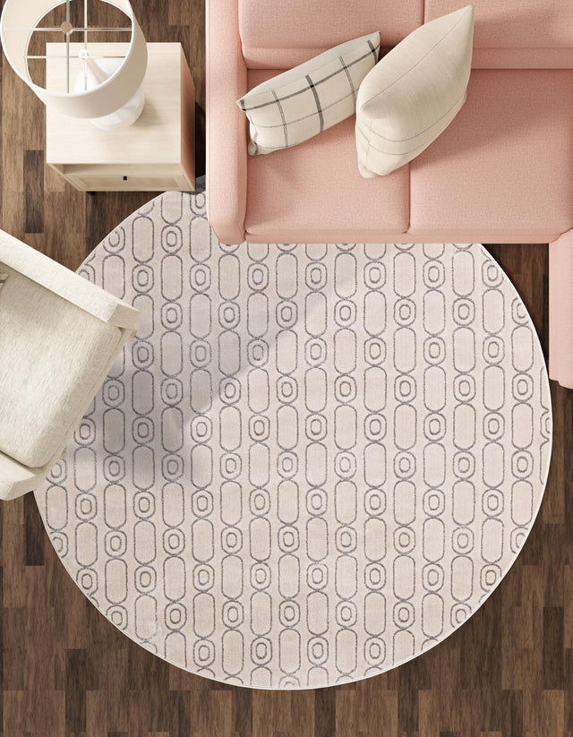 White and Silver 7' 10 x 7' 10 Vogue Geo Round Area Rug Geometric Glam Style Shiny Accents Carpet Mat for Unique Interior Design & Home Decor for Sale at Rug Engine