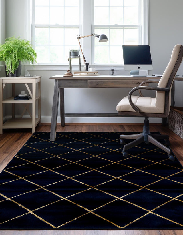 Navy Blue and Gold 4' 1 x 6' 1 Vogue Geo Rectangle Area Rug Geometric Glam Style Shiny Accents Carpet Mat for Unique Interior Design & Home Decor for Sale at Rug Engine