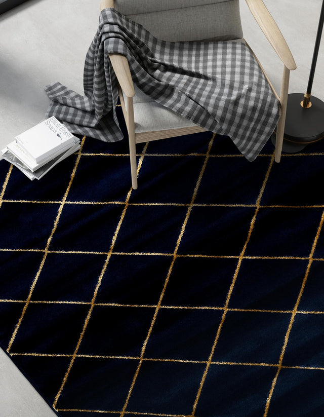 Navy Blue and Gold 4' 1 x 6' 1 Vogue Geo Rectangle Area Rug Geometric Glam Style Shiny Accents Carpet Mat for Unique Interior Design & Home Decor for Sale at Rug Engine