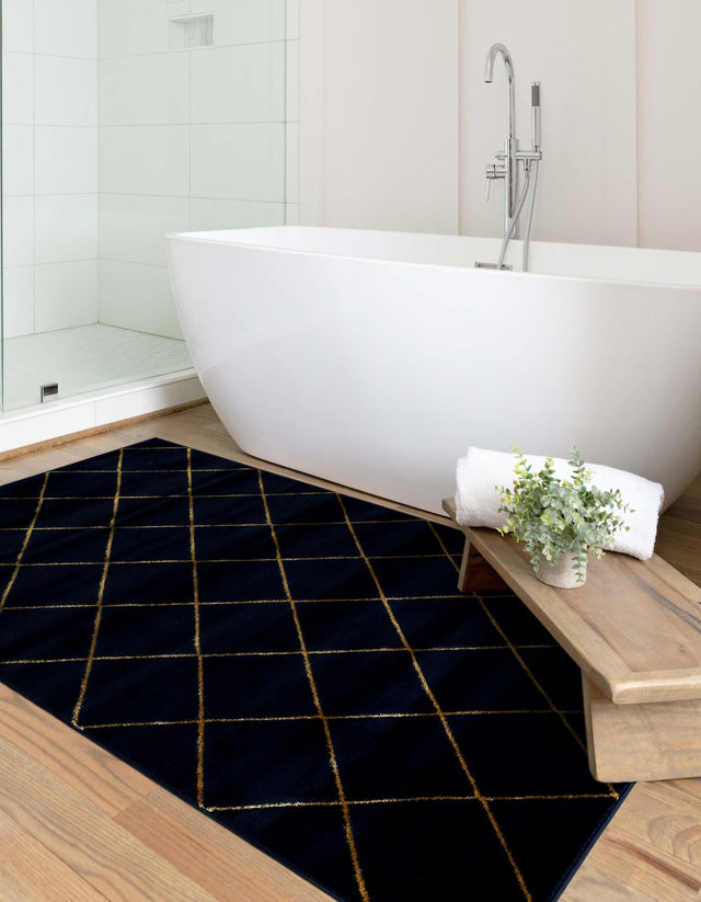 Navy Blue and Gold 2' x 3' 1 Vogue Geo Rectangle Area Rug Geometric Glam Style Shiny Accents Carpet Mat for Unique Interior Design & Home Decor for Sale at Rug Engine