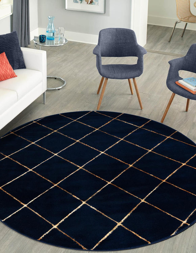 Navy Blue and Gold 3' 1 x 3' 1 Vogue Geo Round Area Rug Geometric Glam Style Shiny Accents Carpet Mat for Unique Interior Design & Home Decor for Sale at Rug Engine