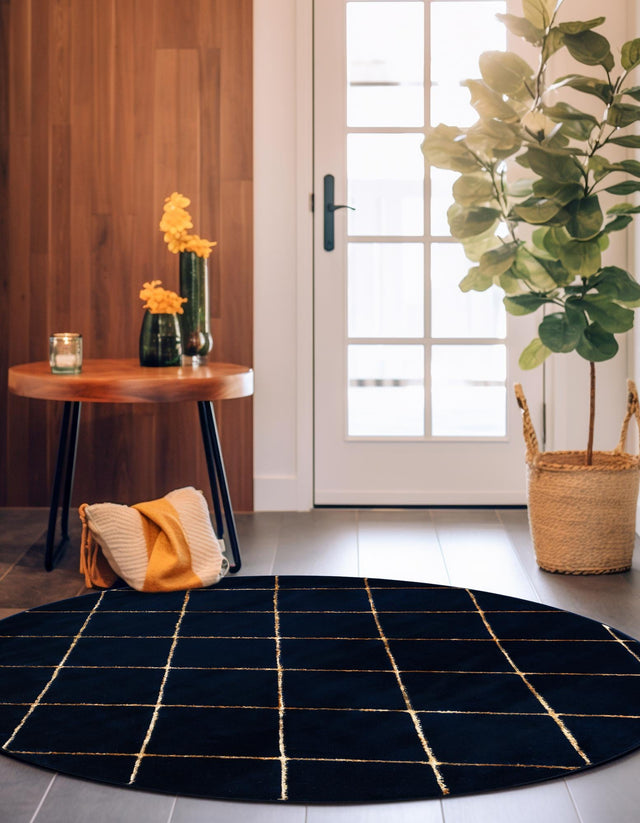 Navy Blue and Gold 3' 1 x 3' 1 Vogue Geo Round Area Rug Geometric Glam Style Shiny Accents Carpet Mat for Unique Interior Design & Home Decor for Sale at Rug Engine