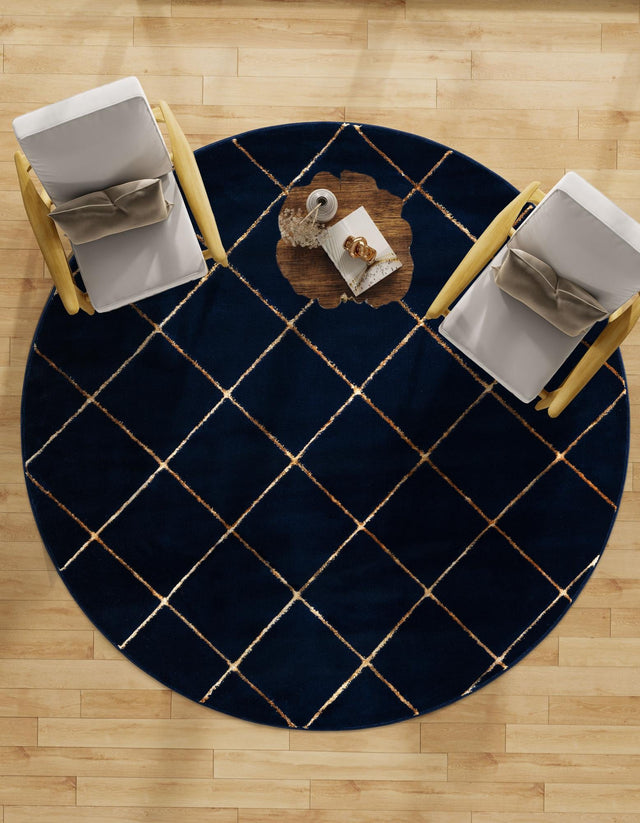 Navy Blue and Gold 10' x 10' Vogue Geo Round Area Rug Geometric Glam Style Shiny Accents Carpet Mat for Unique Interior Design & Home Decor for Sale at Rug Engine