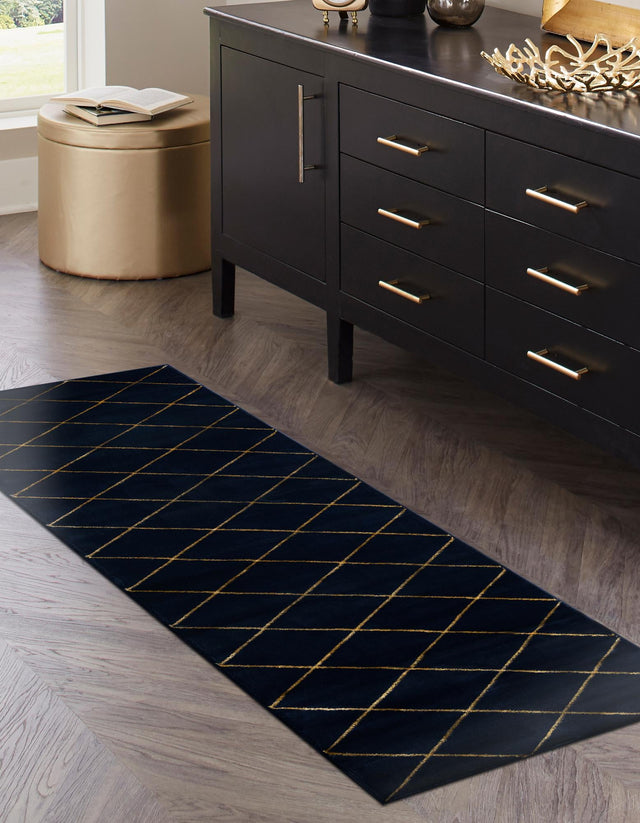 Navy Blue and Gold 2' x 5' 1 Vogue Geo Runner Area Rug Geometric Glam Style Shiny Accents Carpet Mat for Unique Interior Design & Home Decor for Sale at Rug Engine
