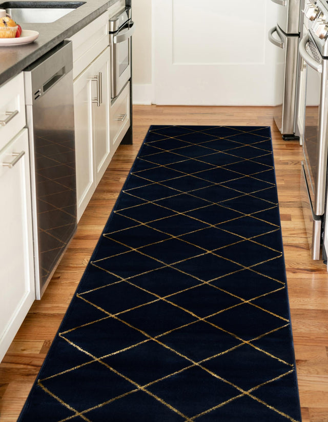 Navy Blue and Gold 2' x 5' 1 Vogue Geo Runner Area Rug Geometric Glam Style Shiny Accents Carpet Mat for Unique Interior Design & Home Decor for Sale at Rug Engine