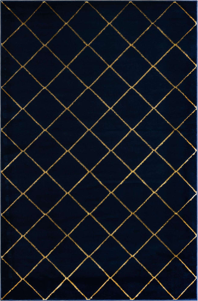 Navy Blue and Gold 6' 1 x 9' Vogue Geo Rectangle Area Rug Geometric Glam Style Shiny Accents Carpet Mat for Unique Interior Design & Home Decor for Sale at Rug Engine