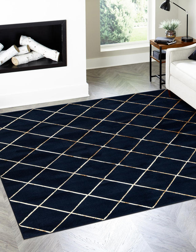 Navy Blue and Gold 7' 10 x 7' 10 Vogue Geo Square Area Rug Geometric Glam Style Shiny Accents Carpet Mat for Unique Interior Design & Home Decor for Sale at Rug Engine