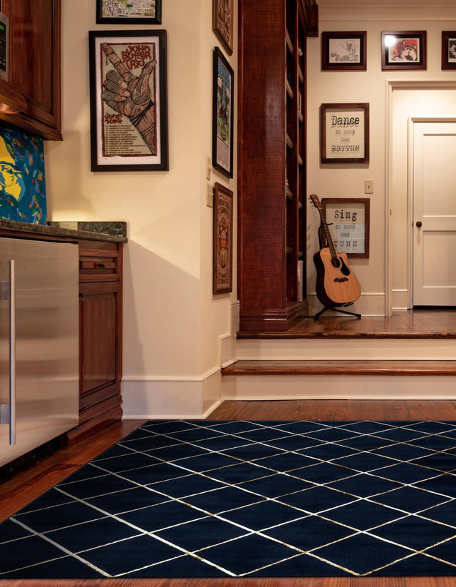 Navy Blue and Gold 7' 10 x 7' 10 Vogue Geo Square Area Rug Geometric Glam Style Shiny Accents Carpet Mat for Unique Interior Design & Home Decor for Sale at Rug Engine