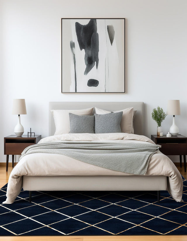 Navy Blue and Gold 10' x 10' Vogue Geo Square Area Rug Geometric Glam Style Shiny Accents Carpet Mat for Unique Interior Design & Home Decor for Sale at Rug Engine