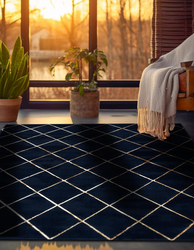 Navy Blue and Gold 10' x 10' Vogue Geo Square Area Rug Geometric Glam Style Shiny Accents Carpet Mat for Unique Interior Design & Home Decor for Sale at Rug Engine