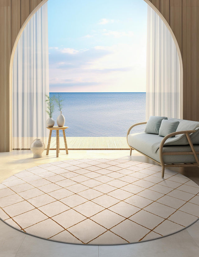 White and Gold 3' 1 x 3' 1 Vogue Geo Round Area Rug Geometric Glam Style Shiny Accents Carpet Mat for Unique Interior Design & Home Decor for Sale at Rug Engine