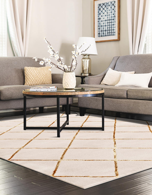 White and Gold 5' 3 x 7' 1 Vogue Geo Rectangle Area Rug Geometric Glam Style Shiny Accents Carpet Mat for Unique Interior Design & Home Decor for Sale at Rug Engine