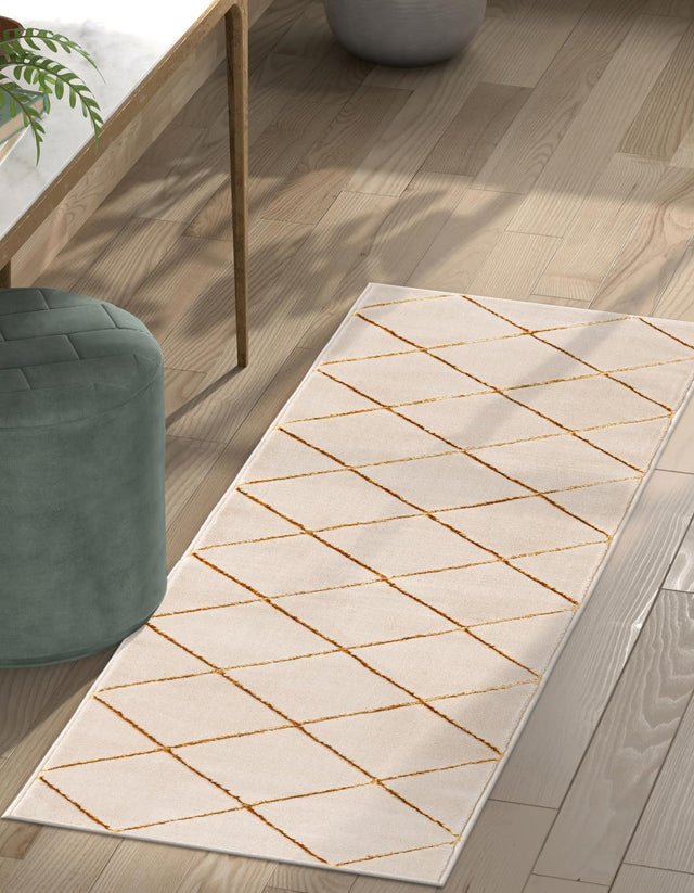 White and Gold 2' 7 x 12' Vogue Geo Runner Area Rug Geometric Glam Style Shiny Accents Carpet Mat for Unique Interior Design & Home Decor for Sale at Rug Engine