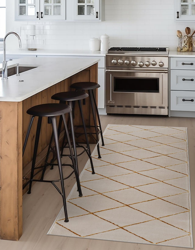 White and Gold 2' 7 x 12' Vogue Geo Runner Area Rug Geometric Glam Style Shiny Accents Carpet Mat for Unique Interior Design & Home Decor for Sale at Rug Engine