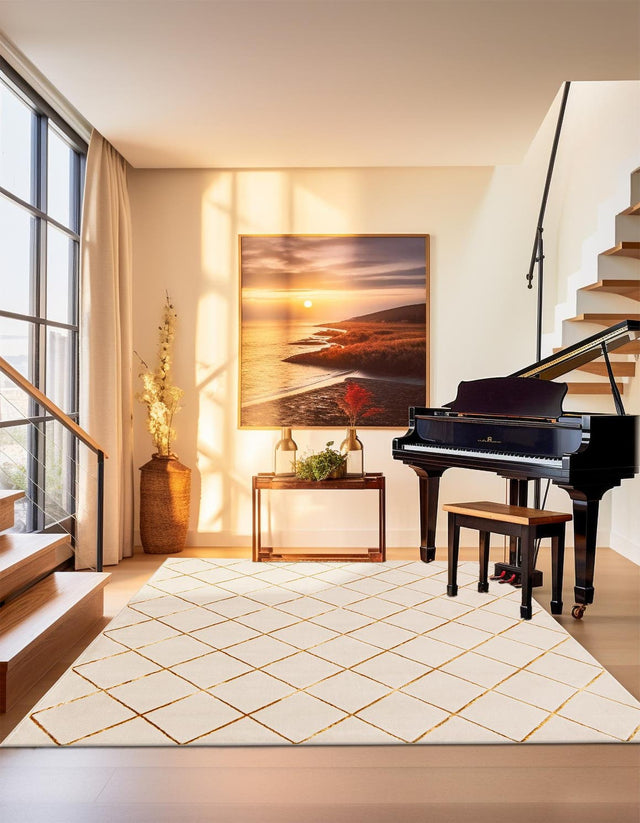 White and Gold 10' x 10' Vogue Geo Square Area Rug Geometric Glam Style Shiny Accents Carpet Mat for Unique Interior Design & Home Decor for Sale at Rug Engine