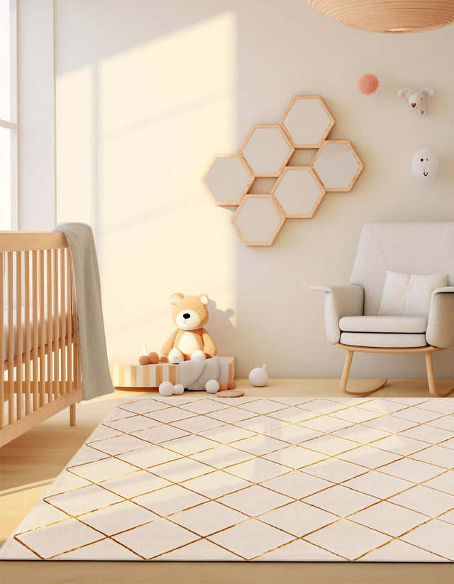 White and Gold 10' x 10' Vogue Geo Square Area Rug Geometric Glam Style Shiny Accents Carpet Mat for Unique Interior Design & Home Decor for Sale at Rug Engine