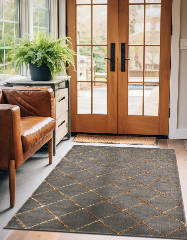 Gray and Gold 4' 1 x 6' 1 Vogue Geo Rectangle Area Rug Geometric Glam Style Shiny Accents Carpet Mat for Unique Interior Design & Home Decor for Sale at Rug Engine