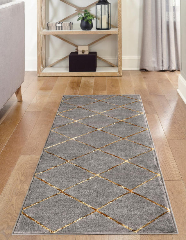 Gray and Gold 2' x 6' 1 Vogue Geo Runner Area Rug Geometric Glam Style Shiny Accents Carpet Mat for Unique Interior Design & Home Decor for Sale at Rug Engine